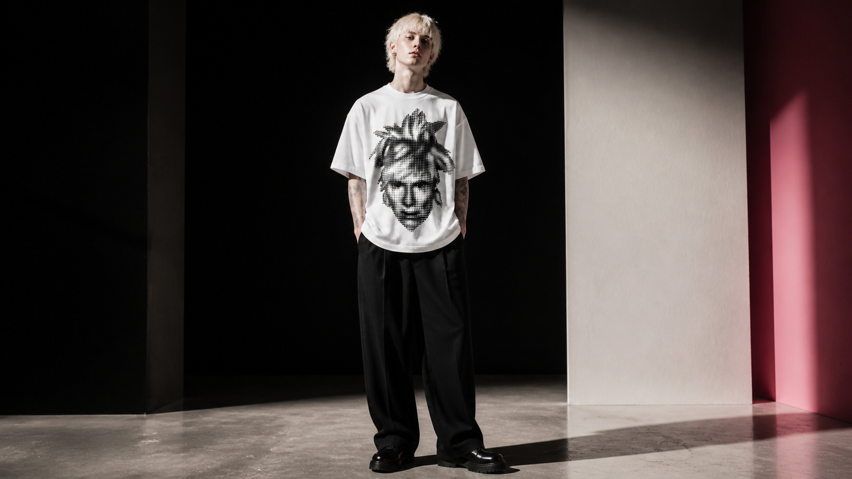 Andy Warhol noktasal baskılı tişört giyen tam boy model