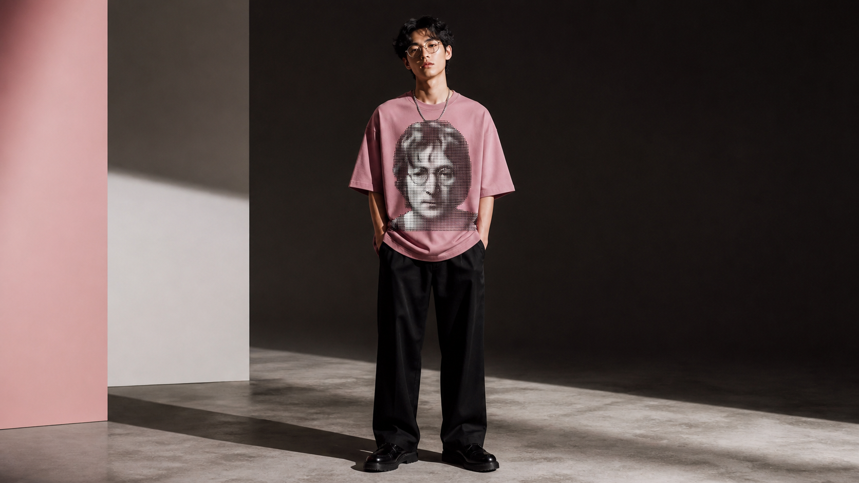 John Lennon noktasal baskılı pembe tişört giyen tam boy model